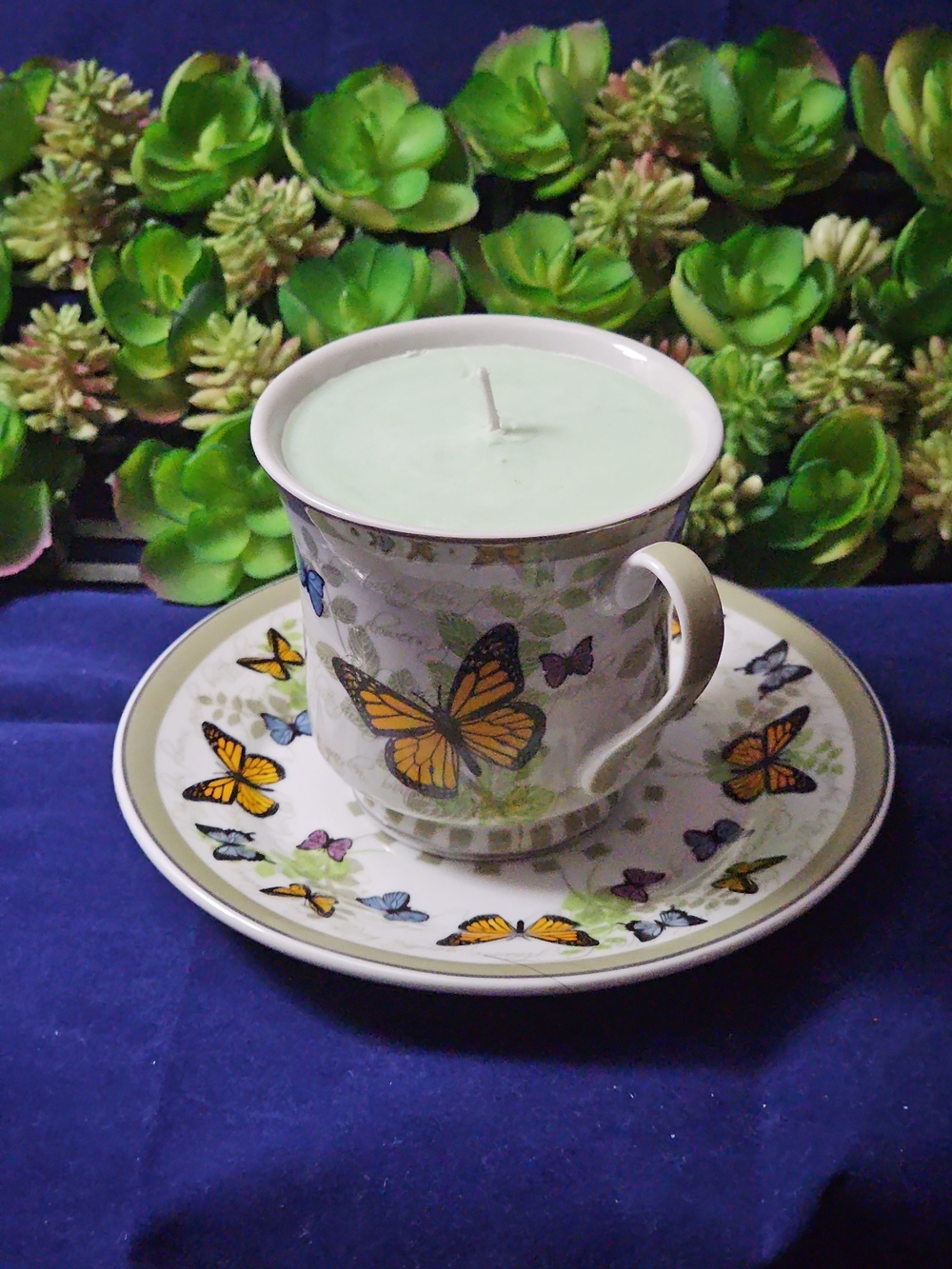 Butterfly Ceramic Teacup Candle in White with Yellow Butterfly Design